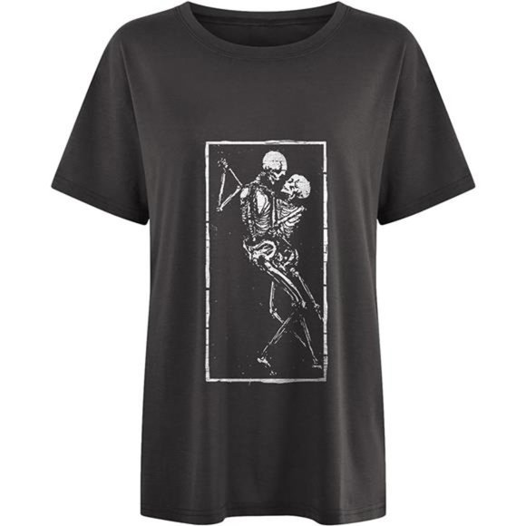 Boho Skeleton Love Graphic Printed Oversized T Shirt Short Sleeve Tee Top - Picture 3 of 7